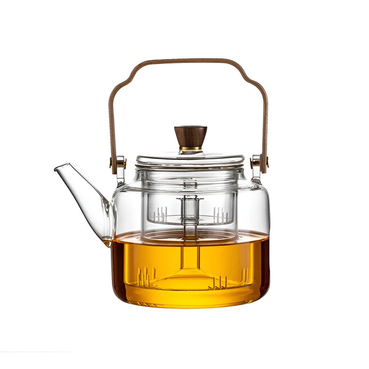 Glass Teapot with Wooden Lid and Strainer – Elegant Design | 1.2 L Smoke Glass for Stylish Tea Enjoyment | Stornfield