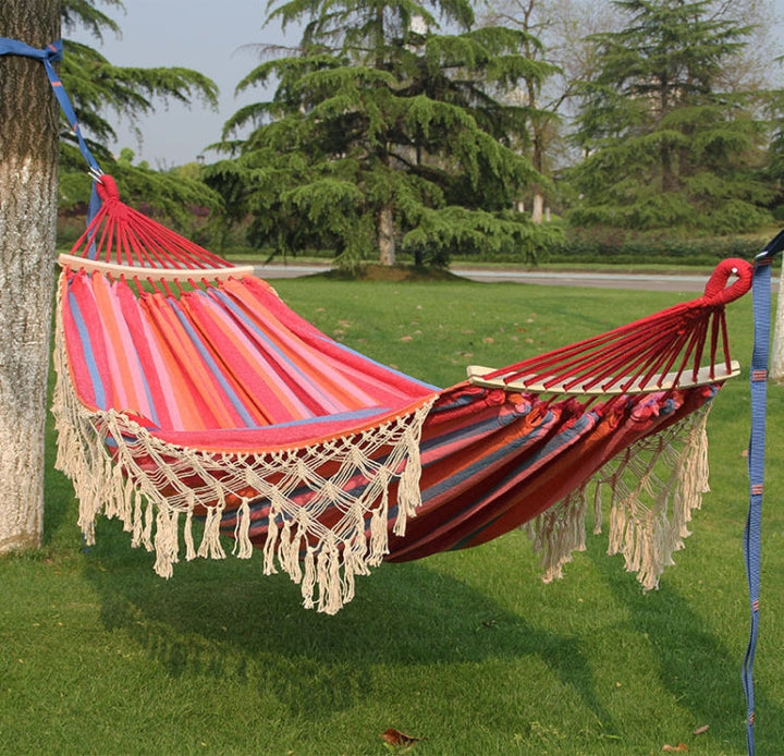 Stornfield | Outdoor Camping Double Canvas Hammock 200x150cm with Fringe and Spreader Bar (Pink Stripes)
