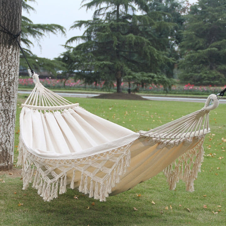 Stornfield | 200x150cm Double Outdoor Camping Fringe Canvas Hammock with Pole (White)