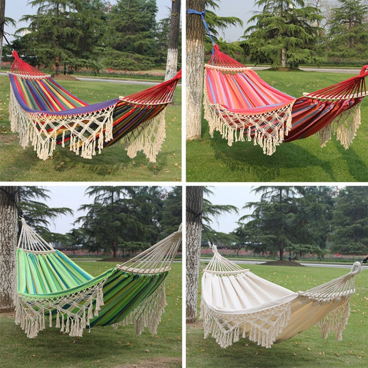 Stornfield | Outdoor Camping Double Canvas Hammock 200x150cm with Fringe and Spreader Bar (Pink Stripes)