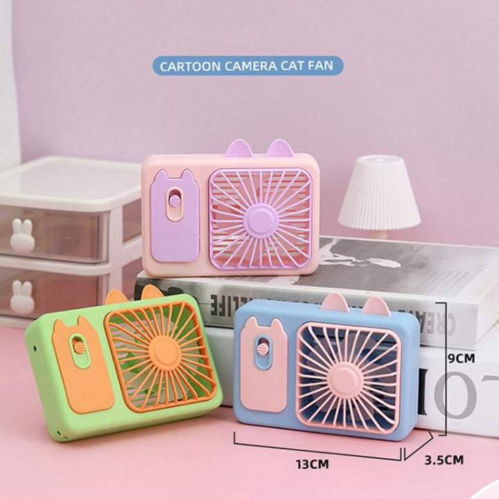 Cute Cartoon Kitten Camera Handheld Large Wind Rechargeable Fan With Stand Desktop Fan(Pink) | Stornfield