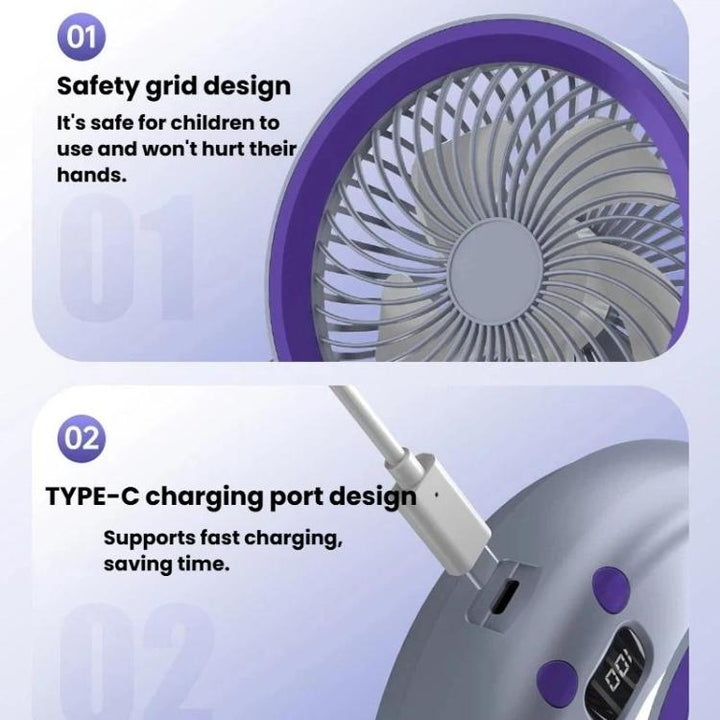 Foldable Air Circulator Fan With Battery Indicator Household Desktop & Wall-Mounted Fan With LED Light(Grey Purple) | Stornfield