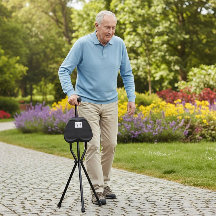 Stornfield | Foldable Walking Stick with Integrated Seat | Lightweight Aluminum Alloy Mobility Aid | 113kg Load Capacity | Non-Slip TPR Ergonomic Handle | 3-Leg Tripod Stability