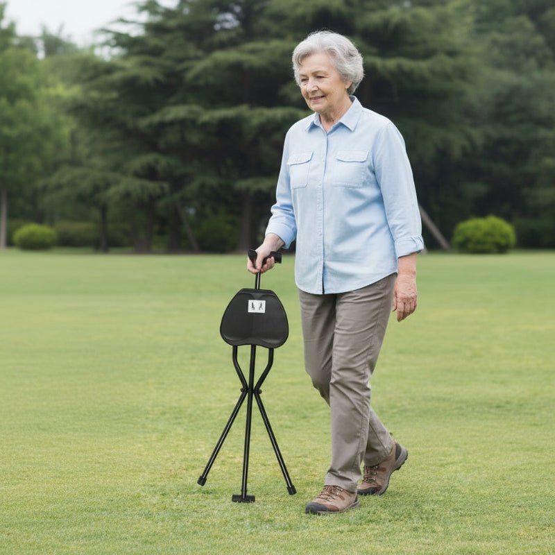 Stornfield | Foldable Walking Stick with Integrated Seat | Lightweight Aluminum Alloy Mobility Aid | 113kg Load Capacity | Non-Slip TPR Ergonomic Handle | 3-Leg Tripod Stability