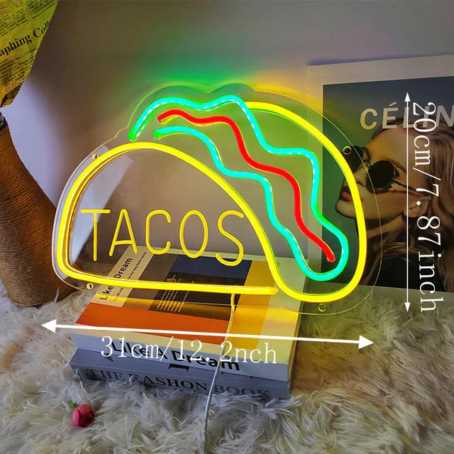 Neon Fast Food Sign – Bright Tacos Design, LED Night Light for Restaurants and Kitchens | Stornfield
