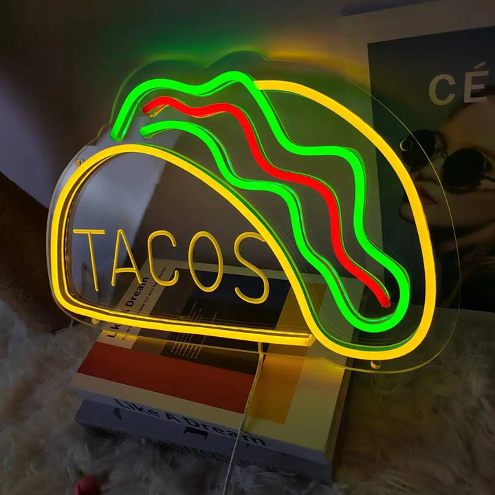 Neon Fast Food Sign – Bright Tacos Design, LED Night Light for Restaurants and Kitchens | Stornfield