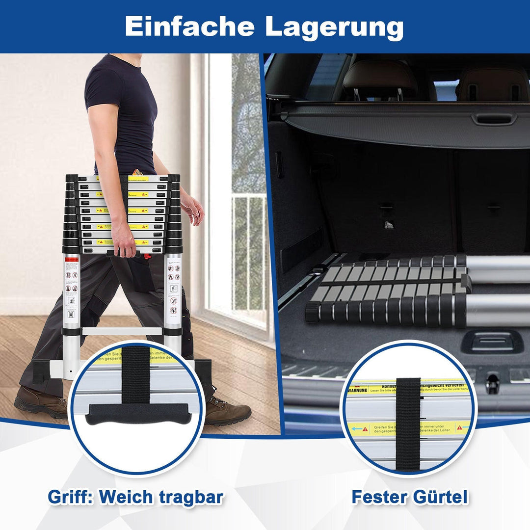 Telescopic ladder Aluminium Load capacity up to 150kg 2.6m-5m with stabilizer | Stornfield