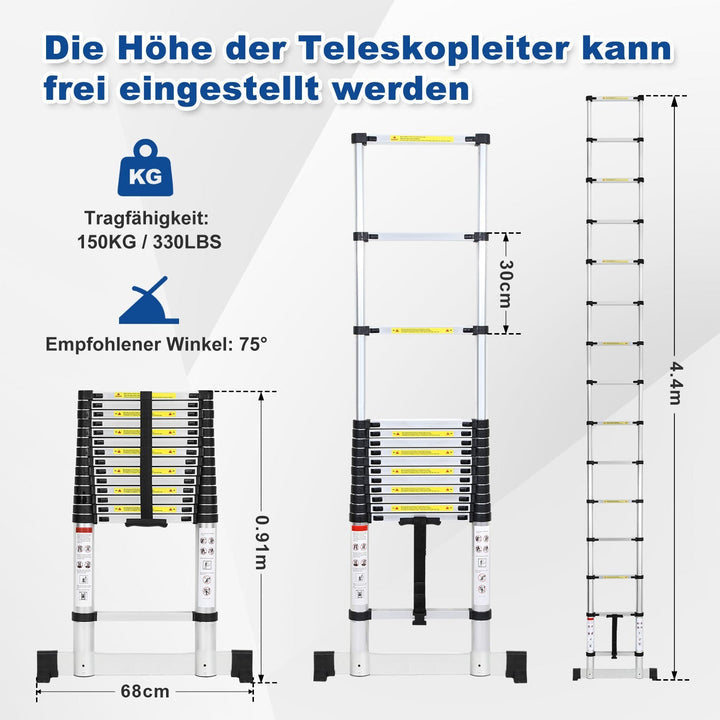 Telescopic ladder Aluminium Load capacity up to 150kg 2.6m-5m with stabilizer | Stornfield