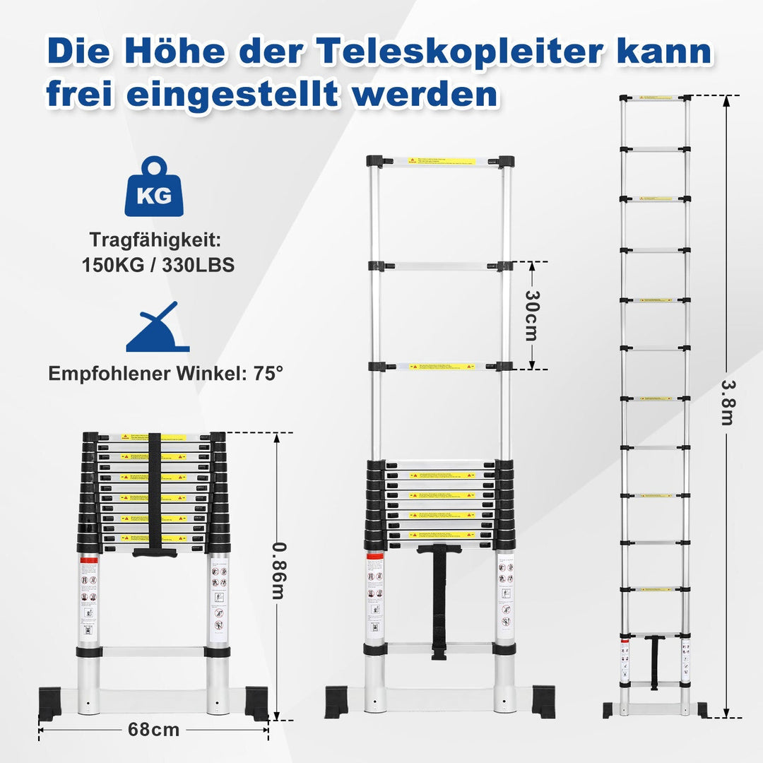 Telescopic ladder Aluminium Load capacity up to 150kg 2.6m-5m with stabilizer | Stornfield