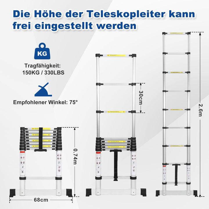 Telescopic ladder Aluminium Load capacity up to 150kg 2.6m-5m with stabilizer | Stornfield