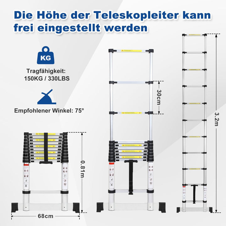 Telescopic ladder Aluminium Load capacity up to 150kg 2.6m-5m with stabilizer | Stornfield