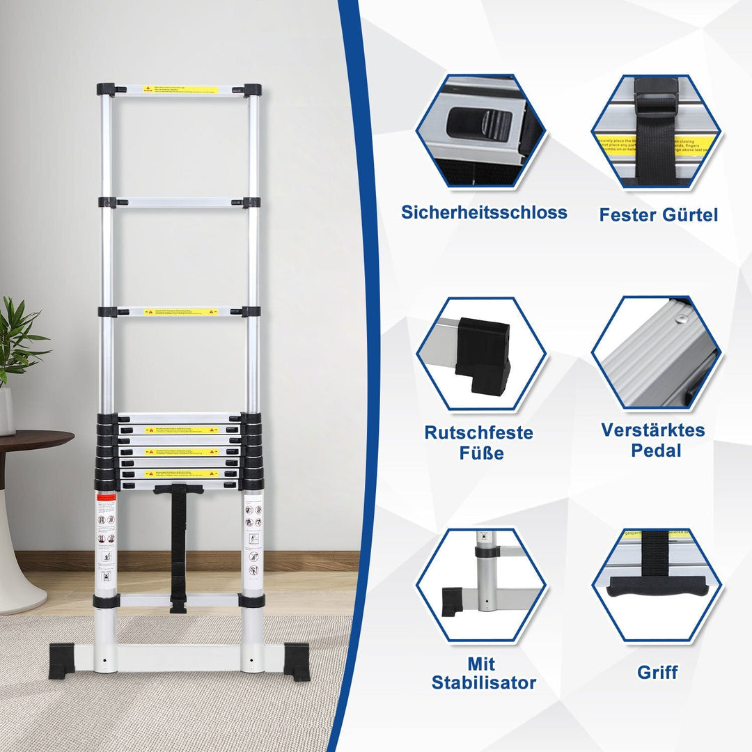 Telescopic ladder Aluminium Load capacity up to 150kg 2.6m-5m with stabilizer | Stornfield
