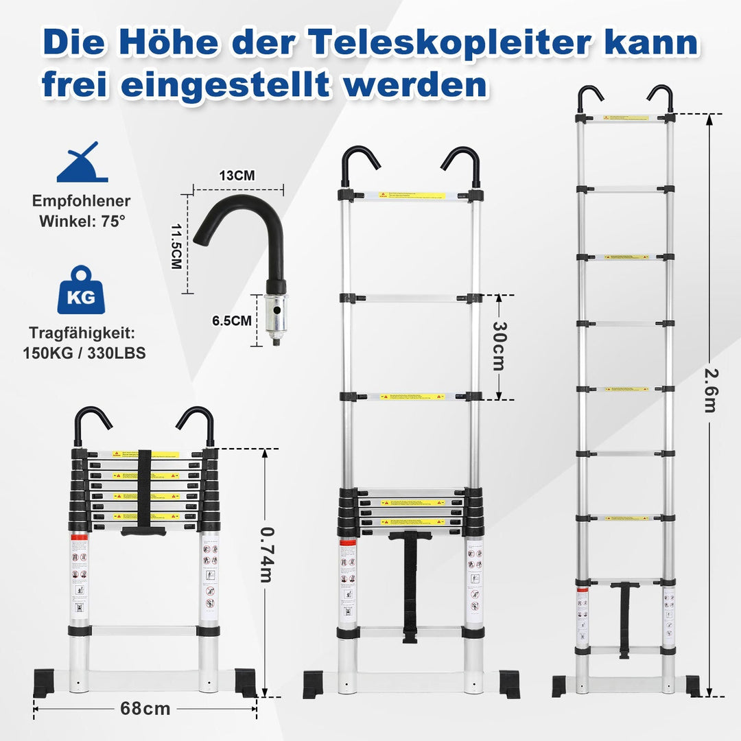 Telescopic ladder with 2 removable hooks with stabilizer | Stornfield