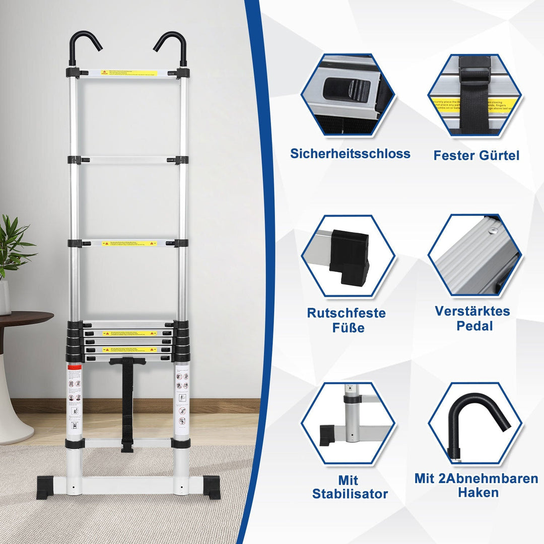 Telescopic ladder with 2 removable hooks with stabilizer | Stornfield