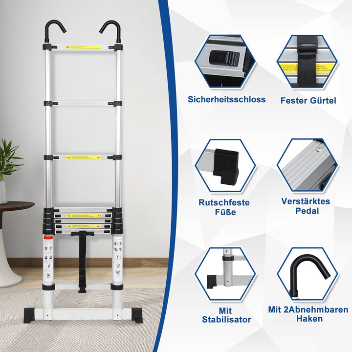 Telescopic ladder with 2 removable hooks with stabilizer | Stornfield