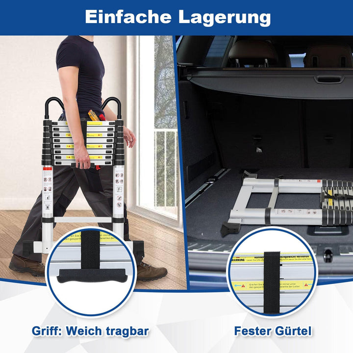 Telescopic ladder with 2 removable hooks with stabilizer | Stornfield
