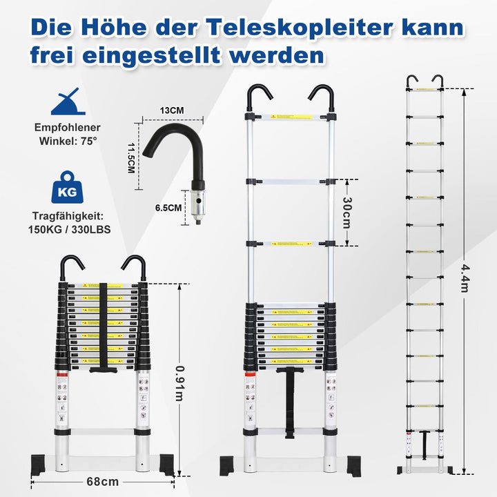 Telescopic ladder with 2 removable hooks with stabilizer | Stornfield