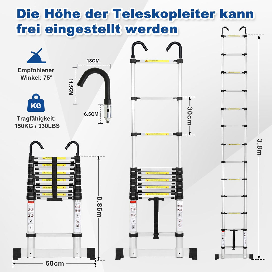 Telescopic ladder with 2 removable hooks with stabilizer | Stornfield