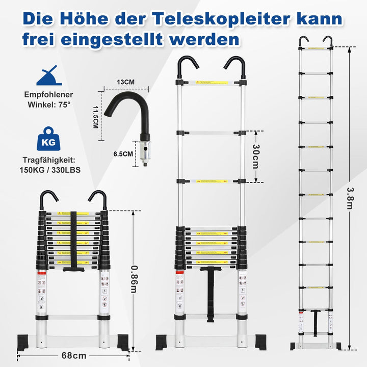 Telescopic ladder with 2 removable hooks with stabilizer | Stornfield