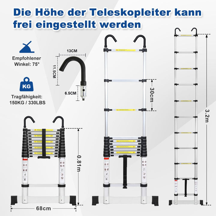 Telescopic ladder with 2 removable hooks with stabilizer | Stornfield
