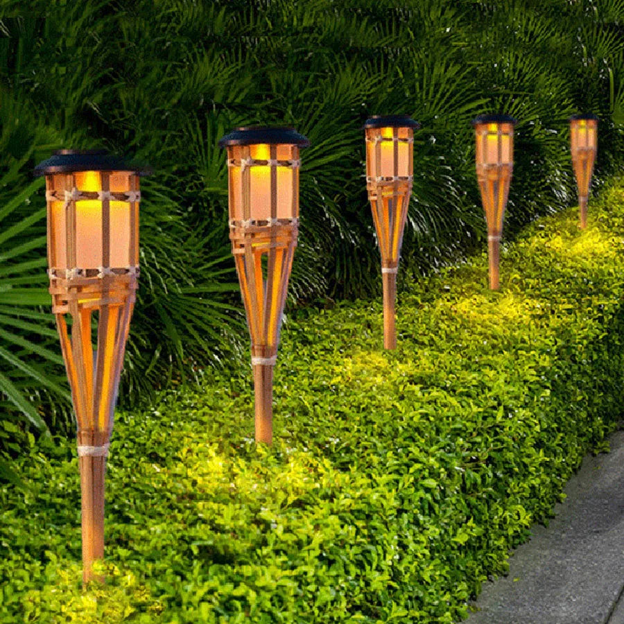 Solar-powered garden torches in bamboo design – Weatherproof LED decorative lighting for outdoors | Stornfield