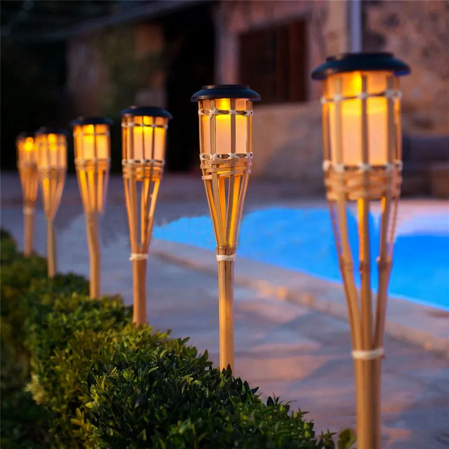 Solar-powered garden torches in bamboo design – Weatherproof LED decorative lighting for outdoors | Stornfield
