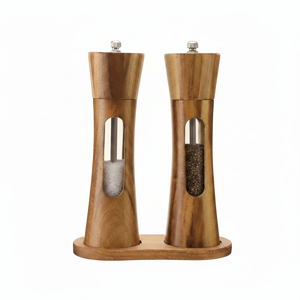 Manual salt and pepper mills – wood design with acrylic window | Set of 2 mills | Stornfield