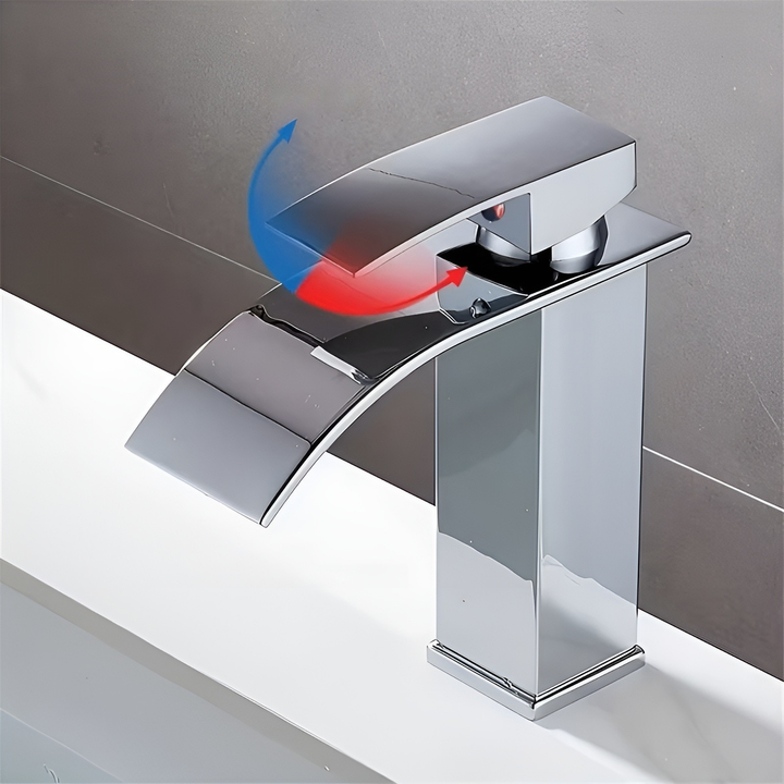Sink faucet made of stainless steel – waterfall spout with hot and cold water | single hole mixer tap in Stornfieldack for bathroom | Stornfield
