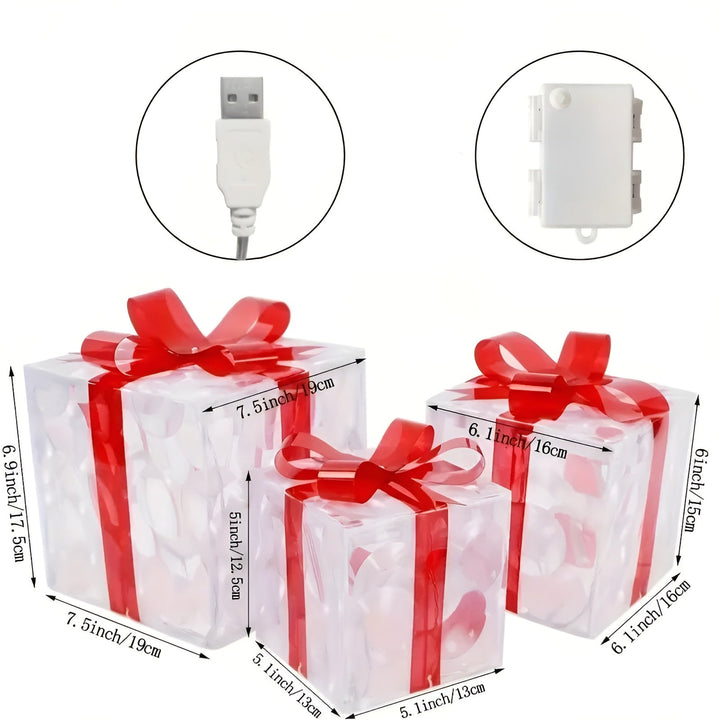Bright gift boxes in a set of 3 – Transparent Christmas decoration with red ribbons | For indoors & outdoors | Stornfield