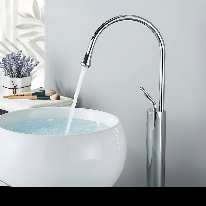 Washbasin tap in brushed look – countertop tap, hot-cold mixer, brass fitting for the living area | Stornfield