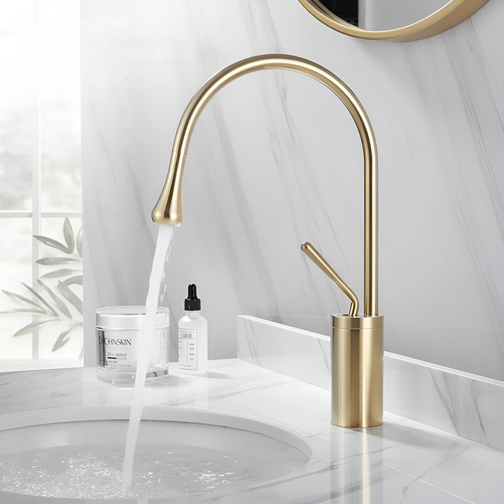 Washbasin tap in brushed look – countertop tap, hot-cold mixer, brass fitting for the living area | Stornfield