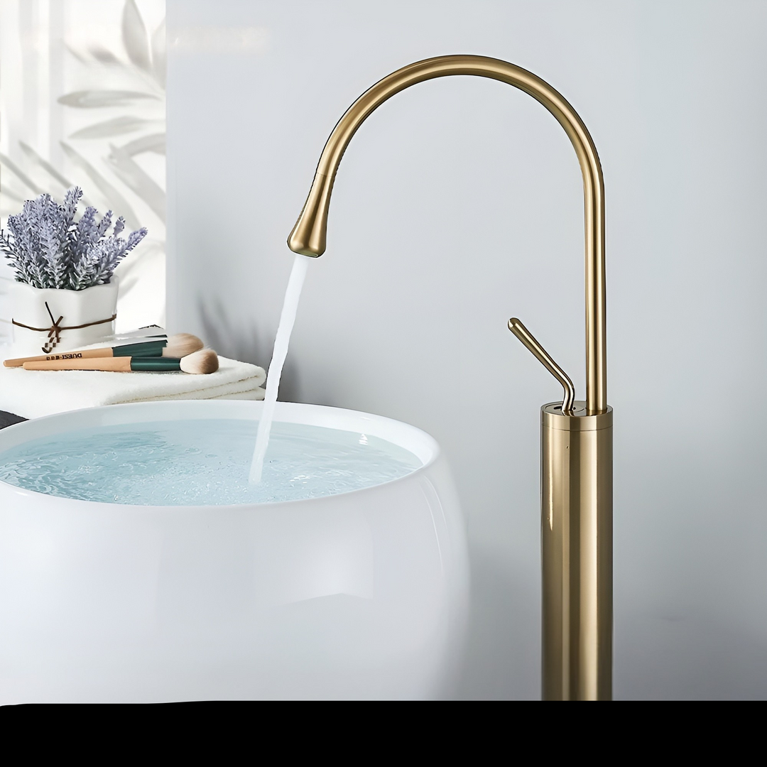 Washbasin tap in brushed look – countertop tap, hot-cold mixer, brass fitting for the living area | Stornfield