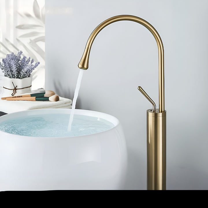 Washbasin tap in brushed look – countertop tap, hot-cold mixer, brass fitting for the living area | Stornfield