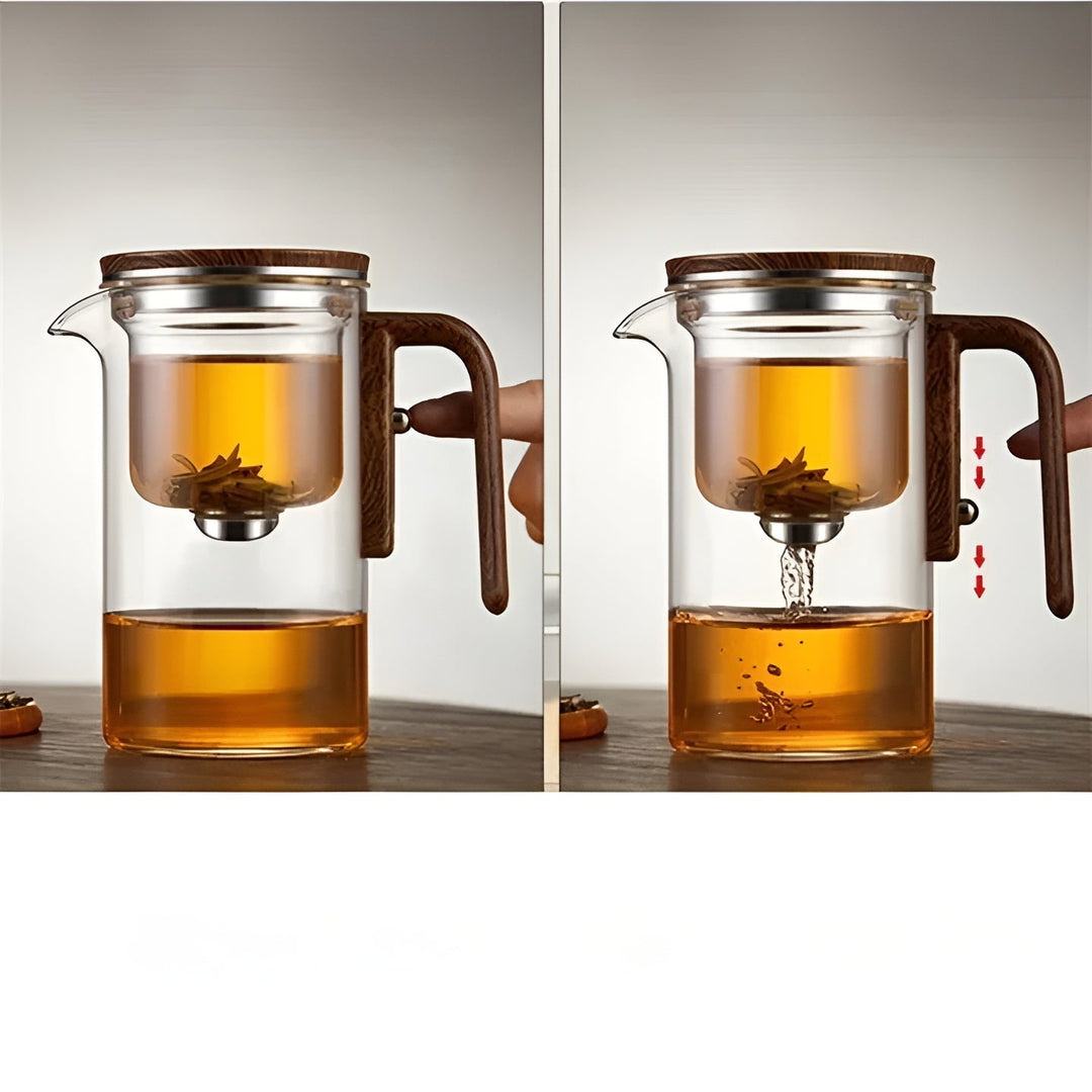 Glass teapot with wooden handle – One-click filter | Perfect for loose tea & Puer | Stornfield
