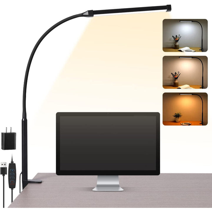 Nevosa | LED Desk Lamp with Bulb, Eye-Friendly Clip-On Lights for Home Office, 3 Modes, 10 Brightness Levels, Long Flexible Gooseneck, Metal, Articulated Arm Architect Desk Lamp with USB Adapter, White