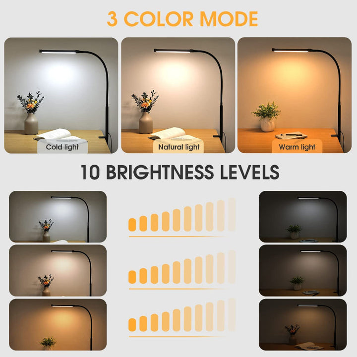 Nevosa | LED Desk Lamp with Bulb, Eye-Friendly Clip-On Lights for Home Office, 3 Modes, 10 Brightness Levels, Long Flexible Gooseneck, Metal, Articulated Arm Architect Desk Lamp with USB Adapter, White