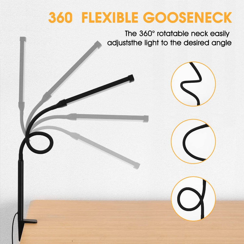 Nevosa | LED Desk Lamp with Bulb, Eye-Friendly Clip-On Lights for Home Office, 3 Modes, 10 Brightness Levels, Long Flexible Gooseneck, Metal, Articulated Arm Architect Desk Lamp with USB Adapter, White