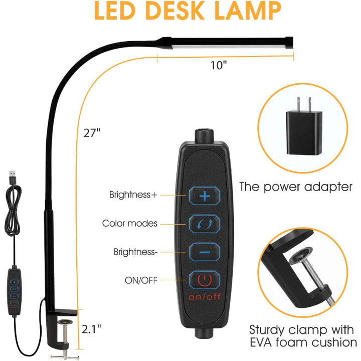 Nevosa | LED Desk Lamp with Bulb, Eye-Friendly Clip-On Lights for Home Office, 3 Modes, 10 Brightness Levels, Long Flexible Gooseneck, Metal, Articulated Arm Architect Desk Lamp with USB Adapter, White
