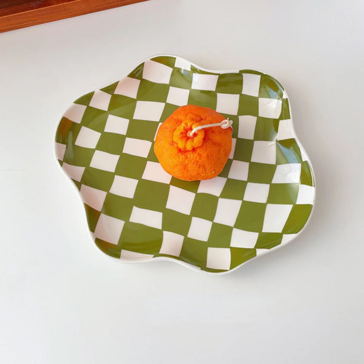 Scalloped Edge Checkerboard Tray - Black, Green | Stornfield
