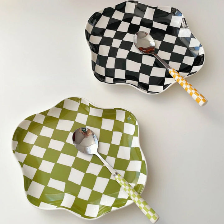 Scalloped Edge Checkerboard Tray - Black, Green | Stornfield