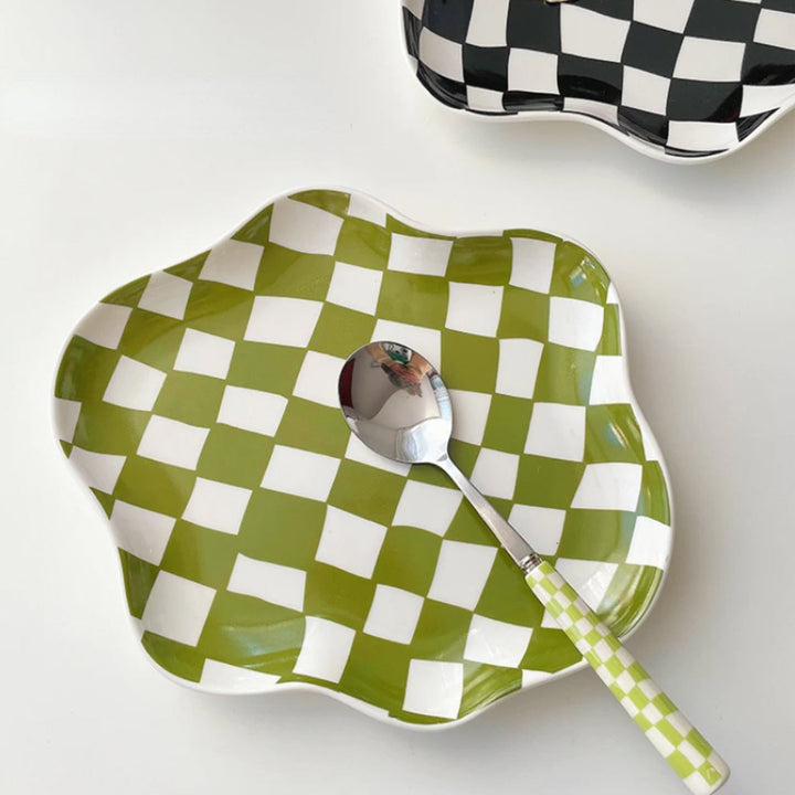 Scalloped Edge Checkerboard Tray - Black, Green | Stornfield