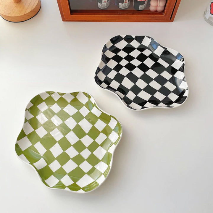 Scalloped Edge Checkerboard Tray - Black, Green | Stornfield