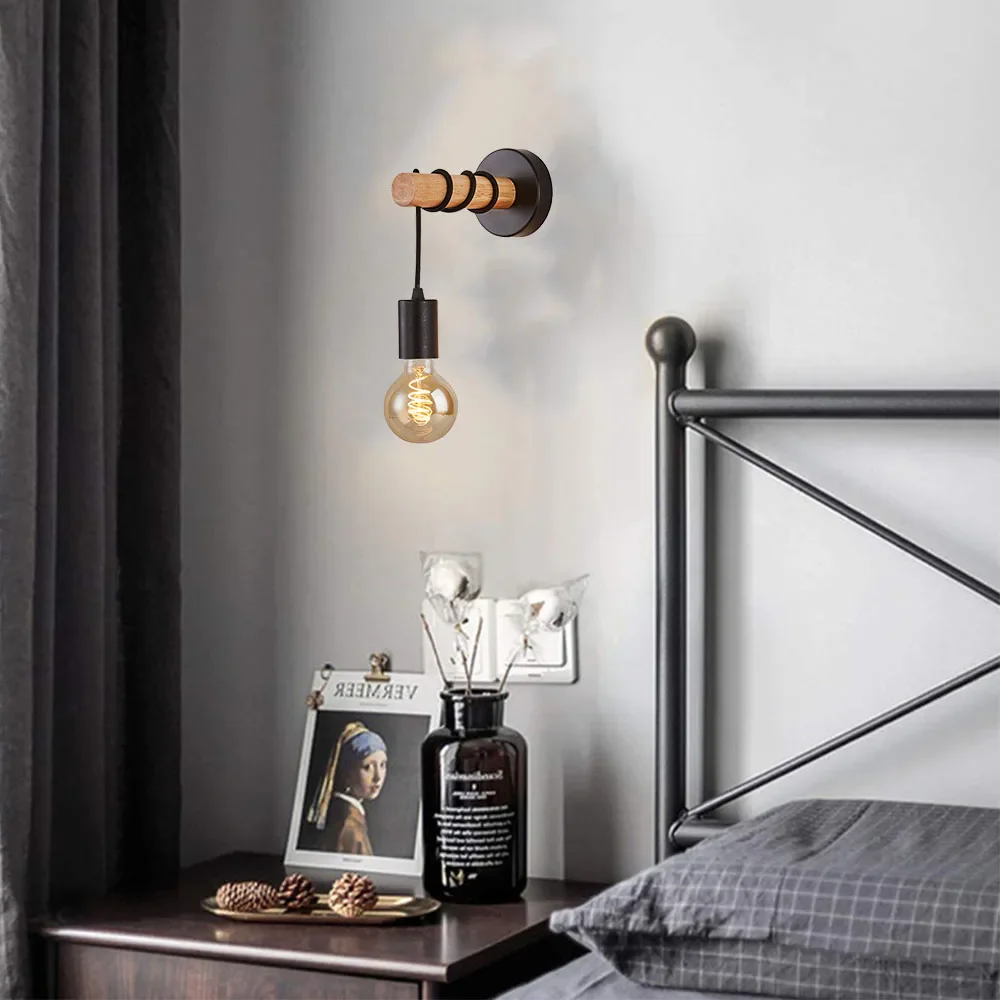 Black Industrial Wall Bedside Lamp with Wooden Base | Stornfield