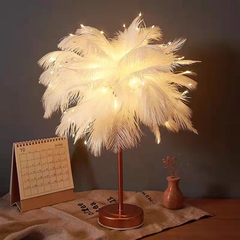 Ostrich Night Light | Eccentric Lamp with Feathers & Rose Gold Base | Stornfield