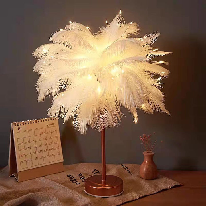 Ostrich Night Light | Eccentric Lamp with Feathers & Rose Gold Base | Stornfield