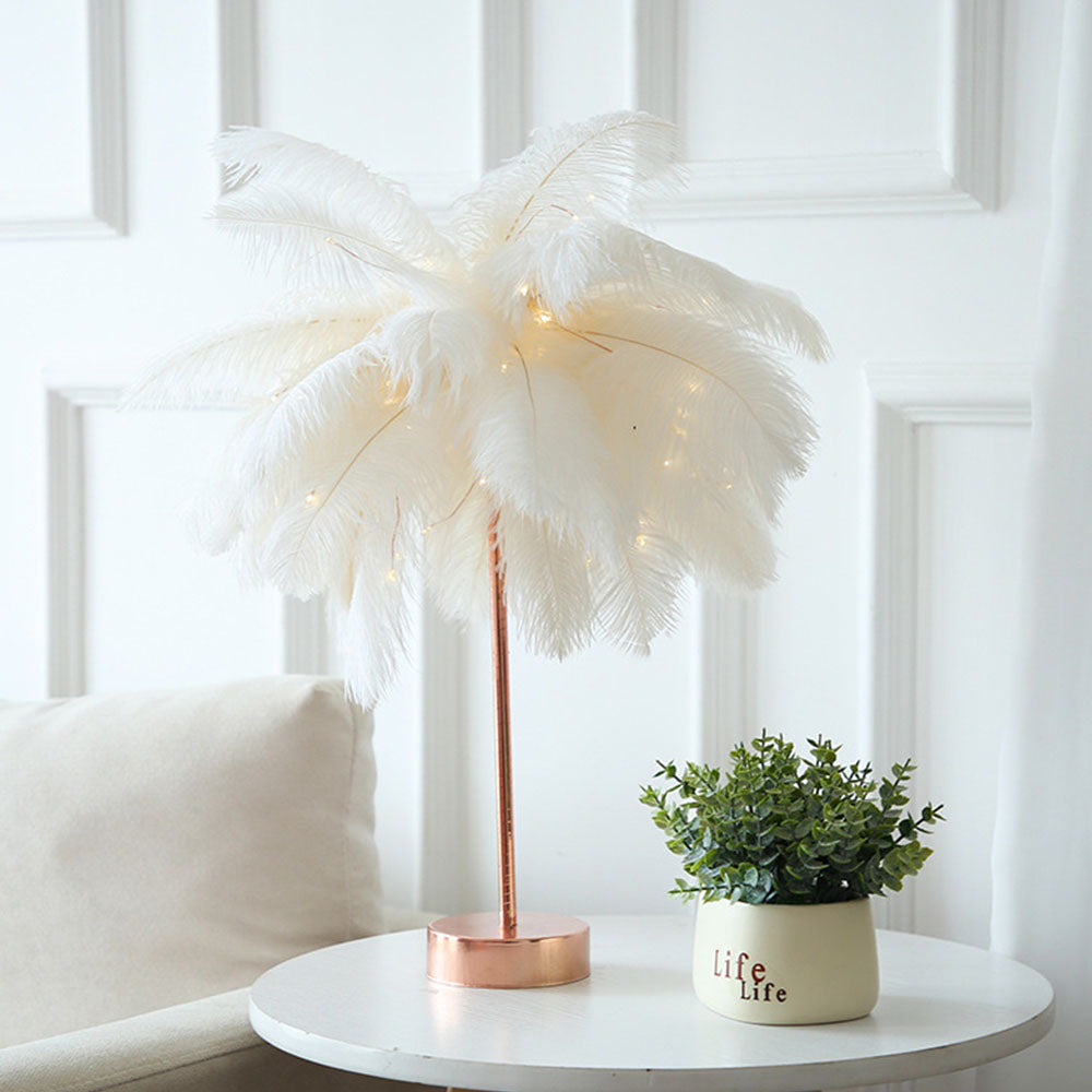 Ostrich Night Light | Eccentric Lamp with Feathers & Rose Gold Base | Stornfield
