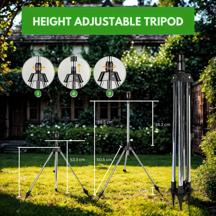Stornfield | Adjustable 360° Garden Sprinkler on Tripod – Stainless Steel Height-Adjustable Lawn Irrigation System