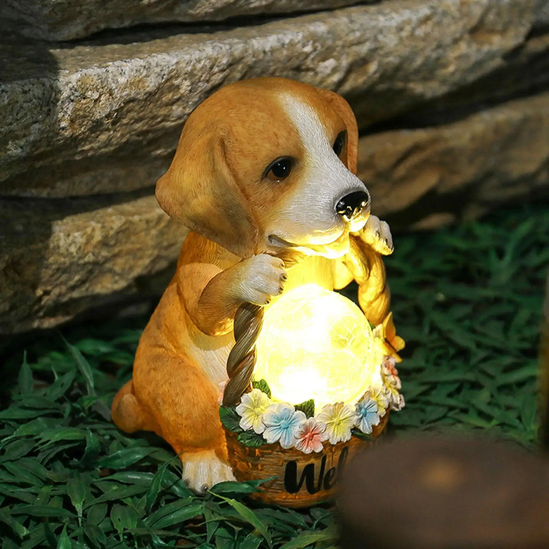 Solar-powered dog sculpture with LED – Weatherproof decorative figure for garden and terrace | Stornfield