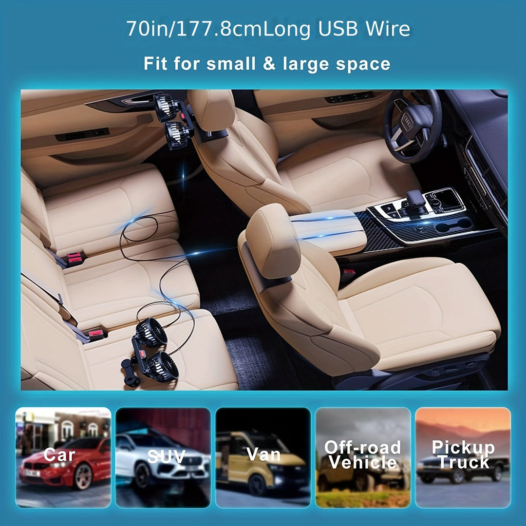 1 Pc Car Fan, Car Small Air Conditioner, Double-headed Rear Fan, Strong Wind, 360 Degrees Rotation, Large Air Volume, Subwoofer Operation, Base Fixed Clip Mounting Method, Suitable For Car Home | Stornfield