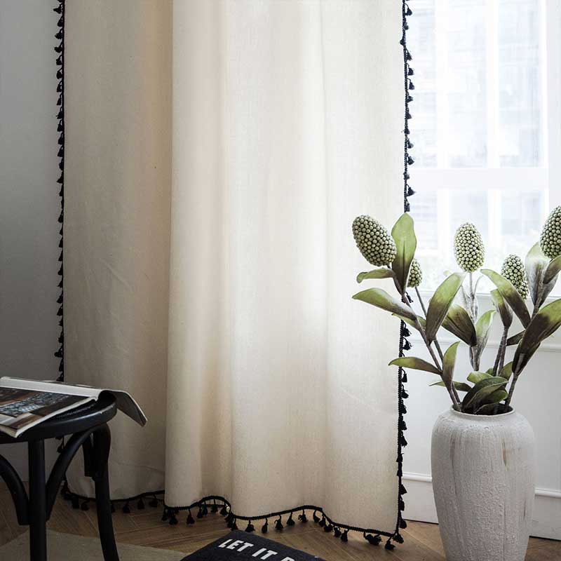 Cotton Linen Beige Curtain with Black Tassel | Stornfield